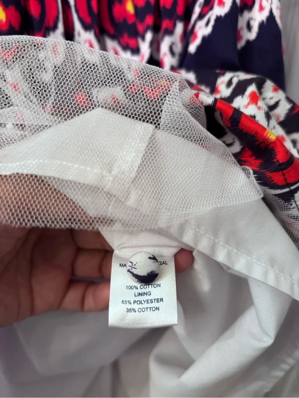 Oscar de la Renta Navy Dress with Red, White & Pink Ikat Motif